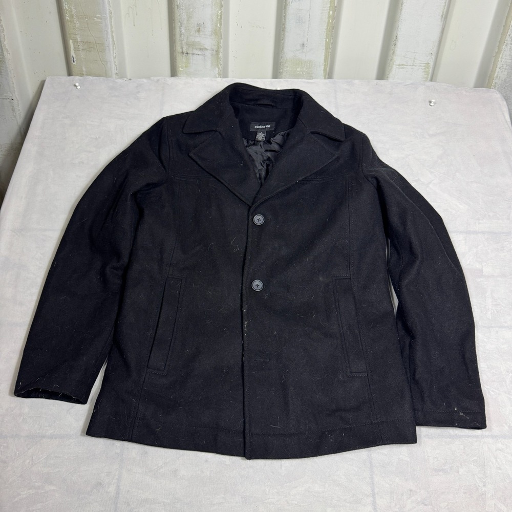 Claiborne Mens Coat Black Wool Blend Notch Lapel Button Front Long Sleeve Size S
